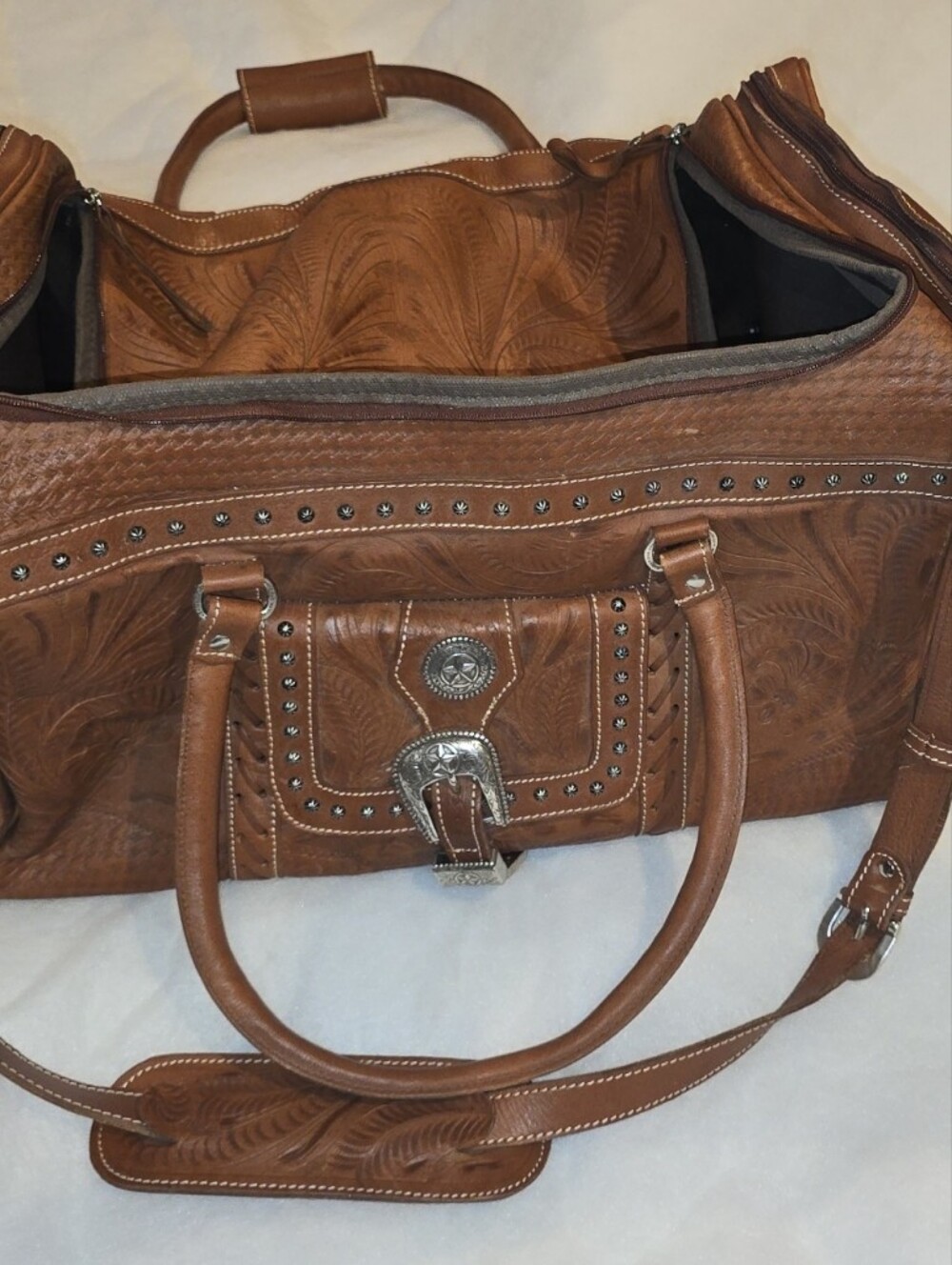 American West Brown Embossed Leather Travel Bag with Silver Accents